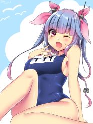 Rule 34 | 10s, 1girl, bare shoulders, blue hair, blush, breasts, fang, hair ribbon, highres, i-19 (kancolle), kantai collection, large breasts, long hair, looking at viewer, name tag, navy (navy.blue), one-piece swimsuit, one eye closed, open mouth, red eyes, ribbon, school swimsuit, sideboob, sitting, smile, solo, star-shaped pupils, star (symbol), swimsuit, symbol-shaped pupils, tri tails