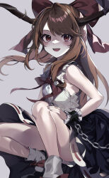 Rule 34 | 1girl, ass, black footwear, blue ribbon, blue skirt, blush, bow, buttons, chain, commentary, hair bow, highres, horn ornament, horn ribbon, horns, ibuki suika, kurozu piroo, long hair, looking at viewer, oni horns, open mouth, orange hair, print skirt, red bow, red eyes, ribbon, shirt, shoes, skirt, smile, socks, solo, torn clothes, torn sleeves, touhou, white shirt, white socks