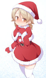 Rule 34 | bad id, bad pixiv id, belt, blonde hair, blush, capelet, commentary, embarrassed, hand on own chest, hat, idolmaster, idolmaster cinderella girls, long sleeves, looking away, mittens, morikubo nono, nervous, orange eyes, red mittens, santa costume, santa hat, simple background, skirt, solo, standing, sweatdrop, thighhighs, uccow, white background, white thighhighs