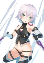 Rule 34 | 1girl, bandaged arm, bandages, bare shoulders, black panties, black thighhighs, blush, breasts, commentary request, fate/apocrypha, fate (series), gloves, green eyes, hair between eyes, highres, holding, holding weapon, jack the ripper (fate/apocrypha), kyoubu, looking at viewer, navel, open mouth, panties, scar, short hair, silver hair, small breasts, solo, thighhighs, underwear, weapon