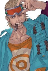 Rule 34 | 1boy, arm up, black eyes, blonde hair, blue jacket, cigar, collarbone, facial hair, goatee, goggles, goggles on head, highres, jacket, looking at viewer, male focus, medium hair, mustache, one piece, open mouth, orange shirt, paulie, removing eyewear, serious, shirt, target, upper body, white background, yumesan 55