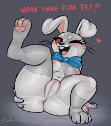 Rule 34 | 1girl, artist request, ass, ass focus, ass grab, breasts, breasts out, english text, five nights at freddy&#039;s, five nights at freddy&#039;s: security breach, grabbing own ass, heart, hetero, highres, huge ass, lying, naughty face, nipples, open mouth, presenting, pussy, rabbit ears, rabbit tail, red eyes, smile, solo, uncensored, vanny (fnaf), wide hips