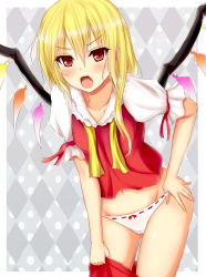 Rule 34 | 1girl, angry, argyle, argyle background, argyle clothes, ascot, bad id, bad pixiv id, blonde hair, blush, clothes pull, dressing, fang, female focus, flandre scarlet, hair down, hat, highres, navel, no headwear, open mouth, panties, raised eyebrow, red eyes, short hair, side ponytail, skirt, skirt pull, skirt set, solo, tachihaya hiro, touhou, underwear, undone, undone ascot, white panties, wings