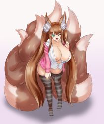 Rule 34 | 1girl, animal ear fluff, animal ears, areola slip, blush, bottomless, breasts, brown hair, commission, curvy, fang, fox ears, fox girl, fox shadow puppet, fox tail, full body, green eyes, highres, huge breasts, jacket, long hair, multiple tails, nav (itsnav), one eye closed, open clothes, open jacket, open mouth, open shirt, original, plushmallow, smile, solo, striped clothes, striped thighhighs, tail, thick thighs, thighhighs, thighs, twintails, very long hair, wide hips