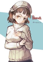 Rule 34 | 1girl, alternate costume, breasts, brown eyes, brown hair, character name, eyewear strap, glasses, headdress, jewelry, kantai collection, long sleeves, mugishima (mugishim4), necklace, one-hour drawing challenge, pince-nez, ribbed sweater, roma (kancolle), short hair, simple background, smile, solo, sweater, turtleneck, turtleneck sweater, twitter username, two-tone background, white sweater