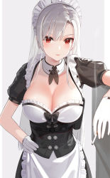 Rule 34 | 1girl, apron, black dress, blush, breasts, cleavage, dress, highres, kfr, large breasts, long hair, looking at viewer, maid headdress, original, puffy short sleeves, puffy sleeves, red eyes, short sleeves, silver hair, solo, waist apron, white apron
