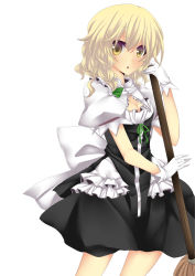 Rule 34 | 1girl, :o, black dress, blonde hair, bow, breasts, broom, cleavage, cowboy shot, curiosities of lotus asia, dress, gloves, hat, hat bow, highres, holding broom, kirisame marisa, looking at viewer, no headwear, puffy short sleeves, puffy sleeves, rimu (kingyo origin), short hair, short sleeves, small breasts, solo, touhou, white background, white gloves, yellow eyes