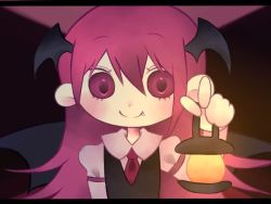 Rule 34 | 1girl, bat wings, black vest, blush, chibi, dark background, fang, fang out, hair between eyes, hand up, head wings, holding, holding lantern, juliet sleeves, koakuma, lantern, letterboxed, light, long hair, long sleeves, looking at viewer, necktie, puffy sleeves, purple background, red eyes, red hair, red necktie, shirt, simple background, smile, solo, touhou, tsugomori (remilia0398), upper body, vest, white shirt, wing collar, wings