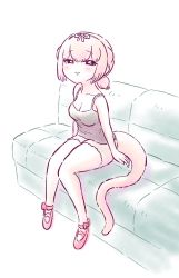Rule 34 | 1girl, alternate costume, anteater tail, bare shoulders, blonde hair, bow, casual, collarbone, commentary, couch, full body, hairband, highres, kemono friends, kotobuki (tiny life), looking at viewer, low ponytail, shoes, short hair, short ponytail, short shorts, shorts, silky anteater (kemono friends), simple background, sitting, smile, solo, spaghetti strap, white background