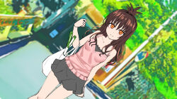 Rule 34 | 1girl, absurdres, arm at side, bag, bare arms, bare shoulders, breasts, brown hair, collarbone, commentary request, day, dutch angle, female focus, food, grey skirt, hand up, highres, huge filesize, long hair, looking at viewer, miniskirt, orange eyes, outdoors, pink top, skirt, small breasts, smile, solo, standing, to love-ru, touchuu kasou, tree, yuuki mikan