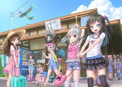 Rule 34 | 10s, 6+girls, aircraft, airplane, arare (kancolle), arashio (kancolle), asagumo (kancolle), asashio (kancolle), bag, black hair, black legwear, blue eyes, brown eyes, brown hair, butterfly net, casual, clothes writing, gotou hisashi, hand net, hat, highres, kantai collection, kasumi (kancolle), lens flare, long hair, luggage, michishio (kancolle), multiple girls, ooshio (kancolle), open mouth, overalls, rensouhou-chan, sandals, shirt, short hair, side ponytail, smile, striped clothes, striped legwear, striped thighhighs, summer, sun hat, t-shirt, thighhighs, utility pole, vending machine, visor cap, yamagumo (kancolle), yellow eyes