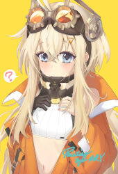 Rule 34 | 1girl, :&lt;, ?, absurdres, artist name, blonde hair, blue eyes, blush, breasts, commentary, crop top, eyewear on head, girls&#039; frontline, goggle, hair between eyes, hair ornament, highres, jacket, long hair, looking at viewer, mk3a1 (girls&#039; frontline), mryung, navel, simple background, small breasts, yellow background