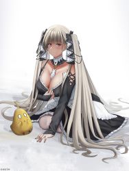 Rule 34 | 1girl, absurdres, artist name, azur lane, between breasts, black bow, black dress, black nails, blonde hair, blush, bow, breasts, cleavage, closed mouth, collarbone, cozie178, dress, formidable (azur lane), full body, hair bow, hand on floor, highres, large breasts, long hair, looking at another, looking at viewer, manjuu (azur lane), nail polish, on floor, red eyes, solo, very long hair, white background, wide sleeves