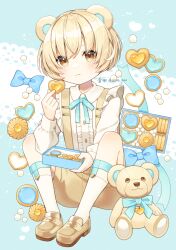 Rule 34 | 1boy, :&lt;, animal ears, aona (noraneko), bear boy, bear ears, blonde hair, blue background, blue bow, blue ribbon, bow, box, center frills, collared shirt, cookie, doily, food, frills, full body, heart, heart-shaped food, heart-shaped gem, highres, holding, holding box, holding food, incoming food, knees up, legwear garter, light blush, loafers, long sleeves, looking at viewer, male focus, neck ribbon, original, ribbon, shirt, shoes, short hair, shorts, sitting, socks, solo, stuffed animal, stuffed toy, suspender shorts, suspenders, teddy bear, thumbprint cookie, white shirt, white socks, wispy bangs, yellow eyes, yellow footwear, yellow gemstone, yellow shorts