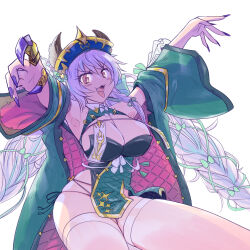 1girl animal_ears armpits bare_shoulders blue_nails bow braid breasts china_dress chinese_clothes detached_sleeves dress fangs fingernails granblue_fantasy hair_bow jiangshi_costume long_hair low_twin_braids oar_(artist) official_alternate_costume ofuda ofuda_on_head open_mouth purple_eyes purple_hair satyr_(granblue_fantasy) satyr_(halloween)_(granblue_fantasy) sharp_fingernails simple_background solo tongue tongue_out twin_braids very_long_fingernails very_long_hair white_background