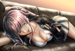 Rule 34 | 1girl, black gloves, black jacket, blush, bra, breasts, buttons, cleavage, collarbone, couch, gloves, green eyes, grey skirt, hair between eyes, hair flaps, hair ornament, hair ribbon, head on arm, highres, jacket, kantai collection, kokuzou, long hair, looking at viewer, lying, medium breasts, on side, open mouth, outstretched arm, partially fingerless gloves, pink hair, pleated skirt, ponytail, ribbon, short sleeves, sidelocks, skirt, sleeves rolled up, smile, solo, tareme, thighs, underwear, very long hair, waving, white bra, yura (kancolle), yura kai ni (kancolle)