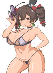 Rule 34 | 1girl, absurdres, areola slip, bangle, bikini, bow, bra, bracelet, breasts, brown hair, cleavage, collarbone, debt, drill hair, earrings, hair bow, hat, hat bow, highres, himajin noizu, holding, holding removed eyewear, jewelry, large breasts, midriff, navel, panties, red bow, revision, ribbon, round eyewear, simple background, solo, standing, sunglasses, swimsuit, top hat, touhou, twin drills, underwear, unworn eyewear, white background, yellow eyes, yorigami jo&#039;on