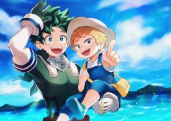 Rule 34 | 2boys, :d, arm up, bag, blue footwear, blue overalls, blue sky, blurry, blurry background, boku no hero academia, brown eyes, brown hair, carrying, carrying person, child, cloud, curly hair, double horizontal stripe, floating hair, foot out of frame, freckles, gloves, green eyes, green gloves, green hair, happy, highres, holding strap, looking afar, male focus, midoriya izuku, mountain, mountainous horizon, muginome (bakuga chan2), multiple boys, ocean, open hand, open mouth, outstretched arm, overalls, pointing, sandals, satchel, shimano katsuma, shirt, short sleeves, shoulder bag, sky, smile, suspenders, t-shirt, teeth, toeless footwear, two-tone gloves, upper body, upper teeth only, white gloves, white shirt, yellow bag