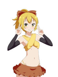Rule 34 | 1girl, adapted costume, bare shoulders, bikini, blonde hair, blush, bow, breasts, brown bow, brown skirt, cato (monocatienus), commentary request, cowboy shot, criss-cross halter, detached sleeves, grin, groin, hair bow, halterneck, hands up, highleg, highleg bikini, kurodani yamame, looking at viewer, miniskirt, navel, ponytail, short hair, simple background, skirt, small breasts, smile, solo, standing, stomach, swimsuit, touhou, v, white background, yellow bikini, yellow eyes