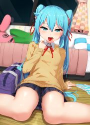 Rule 34 | 1girl, abmayo, absurdres, aqua eyes, aqua hair, bag, bed, bedroom, candy, curtains, eating, food, hatsune miku, highres, lollipop, long hair, looking at viewer, open mouth, panties, sitting, skirt, solo, striped clothes, striped panties, sweater, tongue, twintails, underwear, unworn panties, very long hair, vocaloid, wariza, window