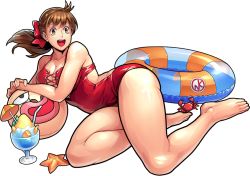 Rule 34 | 1girl, barefoot, bikini, brown hair, character request, feet, female focus, happy, kinnikuman, one-piece swimsuit, ponytail, shiny skin, smile, solo, swimsuit, toes