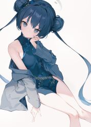 Rule 34 | 1girl, black dress, black hair, blue archive, blush, butterfly hair ornament, closed mouth, coat, double bun, dress, feet out of frame, grey coat, grey eyes, grey halo, hair bun, hair ornament, halo, highres, kisaki (blue archive), kyaroru, long hair, long sleeves, looking at viewer, simple background, sleeveless, sleeveless dress, solo, striped coat, twintails, vertical-striped coat, white background