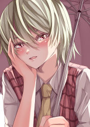 Rule 34 | 1girl, absurdres, blush, collar, collared shirt, green hair, hair between eyes, hand on own face, hands up, highres, kazami yuuka, light, looking at viewer, mahoro (minase mahoro), necktie, open clothes, open mouth, open vest, plaid, plaid vest, red eyes, red vest, shadow, shirt, short hair, short sleeves, simple background, smile, solo, touhou, umbrella, vest, white background, white shirt, white sleeves, yellow necktie