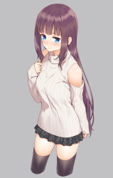 Rule 34 | 10s, 1girl, black skirt, blue eyes, blush, breasts, brown hair, frown, grey background, highres, large breasts, long hair, long sleeves, looking at viewer, mikazuchi zeus, new game!, ribbed sweater, simple background, skirt, sleeveless, sleeveless turtleneck, solo, sweater, takimoto hifumi, turtleneck