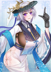 Rule 34 | 1girl, :d, azur lane, blue sash, breasts, cleavage, clothing cutout, commentary request, cowboy shot, dress, grey hair, hair between eyes, hair bun, hair ornament, hairclip, hand up, highres, index finger raised, large breasts, long dress, looking at viewer, metal gloves, official alternate costume, open mouth, purple eyes, reno (azur lane), reno (spring&#039;s inspiration) (azur lane), sai-go, sash, sideboob, sidelocks, single hair bun, smile, solo, standing, thigh cutout, undershirt, white dress, wide sleeves
