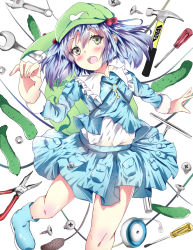 Rule 34 | 1girl, aa44, blue eyes, blue hair, cucumber, dress, female focus, hair bobbles, hair ornament, hammer, hat, kawashiro nitori, key, matching hair/eyes, nut (hardware), open mouth, pliers, pocket, screw, screwdriver, solo, tape measure, touhou, white background, wrench