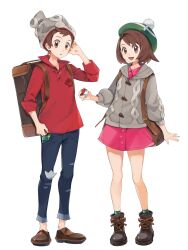 Rule 34 | 1boy, 1girl, :d, backpack, bag, beanie, bob cut, boots, brown bag, brown eyes, brown footwear, brown hair, buttons, cable knit, cardigan, collared dress, commentary, creatures (company), denim, dress, full body, game freak, gloria (pokemon), green headwear, green socks, grey cardigan, grey headwear, hand up, hat, highres, holding, holding poke ball, hooded cardigan, jeans, nintendo, open mouth, pants, pink dress, plaid, plaid socks, poke ball, poke ball (basic), pokemon, pokemon swsh, red shirt, shirt, shoes, short hair, simple background, sleeves rolled up, smile, socks, standing, symbol-only commentary, tako2 eaka, tam o&#039; shanter, torn clothes, torn jeans, torn pants, victor (pokemon), white background