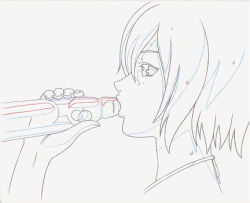 Rule 34 | 00s, 1girl, color trace, colored pencil (medium), greyscale, lamune, lowres, misleading thumbnail, monochrome, portrait, production art, rahxephon, ramune, sexually suggestive, shitou megumi, short hair, simple background, solo, sweat, traditional media