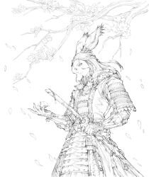Rule 34 | 1girl, absurdres, animal ears, armor, warrior of light (ff14), branch, commentary, commission, english commentary, falling petals, final fantasy, final fantasy xiv, g studio, gloves, greyscale, highres, japanese armor, long hair, monochrome, petals, rabbit ears, samurai (final fantasy), solo, viera