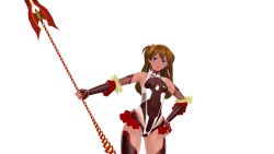 Rule 34 | 1girl, 3d, alternate costume, alternate hair color, artist request, bare shoulders, boots, breasts, cosplay, curvy, gloves, hand on own hip, highleg, highleg leotard, highres, holding, holding weapon, lance of cassius, leotard, lipstick, long hair, looking at viewer, makeup, medium breasts, mizuki yukikaze (cosplay), neon genesis evangelion, nipples, polearm, shiny skin, simple background, small breasts, solo, souryuu asuka langley, standing, taimanin (series), taimanin yukikaze, two side up, upper body, weapon