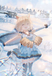Rule 34 | 1girl, ahoge, animal ears, ankodesoy, ash arms, b-4 (ash arms), bare shoulders, black thighhighs, blonde hair, blue dress, blue ribbon, blurry, breasts, cannon, capelet, closed eyes, commentary, day, depth of field, dress, elbow gloves, english commentary, feet out of frame, frilled dress, frills, gloves, hair between eyes, happy, highres, light blush, medium hair, open mouth, outdoors, outstretched arms, ribbon, scrunchie, single elbow glove, sleeveless, sleeveless dress, small breasts, smile, snow, solo, standing, teeth, thighhighs, upper teeth only, white gloves, wrist scrunchie, zettai ryouiki