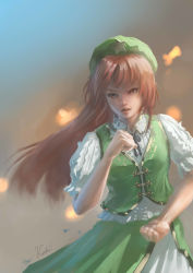 Rule 34 | 1girl, absurdres, alternate eye color, chinese clothes, clenched hands, cowboy shot, eyebrows, eyelashes, fighting stance, flat cap, gradient background, green skirt, green vest, hat, highres, hong meiling, koshi (koshi vortex), lips, long hair, looking to the side, neck ribbon, parted lips, puffy short sleeves, puffy sleeves, realistic, red eyes, red hair, ribbon, short sleeves, signature, skirt, solo, star (symbol), tangzhuang, touhou, vest, wing collar