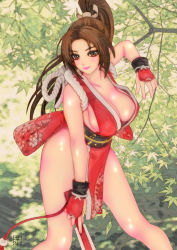 Rule 34 | 1girl, breasts, brown eyes, brown hair, cleavage, fatal fury, folding fan, hand fan, highres, holding, holding fan, large breasts, long hair, matching hair/eyes, ninja, pelvic curtain, ponytail, revealing clothes, shiranui mai, smile, solo, standing