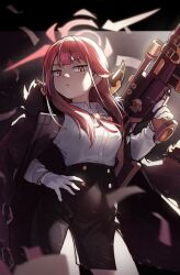 Rule 34 | 1girl, aru (blue archive), black skirt, blue archive, brown coat, brown horns, closed mouth, coat, coat on shoulders, collared shirt, cowboy shot, demon horns, gloves, gun, halo, highres, holding, holding gun, holding weapon, horns, long hair, long sleeves, pink hair, pink halo, shirt, skirt, solo, ujuro, weapon, white gloves, white shirt, yellow eyes