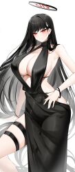 Rule 34 | 1girl, absurdres, bare shoulders, black dress, black hair, blue archive, breasts, bright pupils, casul, cleavage, dress, highres, large breasts, long hair, looking at viewer, red eyes, rio (blue archive), smile, solo, white pupils
