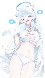 Rule 34 | 1girl, absurdres, animal ear fluff, animal ears, animal hands, bell, blue archive, blue hair, blunt bangs, breasts, cat cutout, cat ears, cat girl, cat lingerie, cat tail, choker, cleavage cutout, clothing cutout, commentary, cowboy shot, fang, frilled tube top, frills, gloves, halo, headgear, heart, highres, kemonomimi mode, large breasts, light blue hair, long hair, looking at viewer, mechanical halo, meme attire, meunhongcha, midriff, navel, neck bell, noa (blue archive), one eye closed, open mouth, panties, parted bangs, paw gloves, purple eyes, side-tie panties, simple background, skin fang, solo, spoken heart, tail, thigh gap, thighs, tube top, underwear, very long hair, white background, white choker, white halo