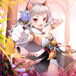 Rule 34 | 1girl, :d, animal ears, armlet, bell, blush, breasts, capelet, cat ears, cat tail, cleavage, clenched hands, fang, flower, gate of dimension, gilse, gloves, hair flower, hair ornament, jingle bell, looking at viewer, open mouth, red eyes, short hair, silver hair, smile, solo, spikes, tail, tail ornament, white gloves