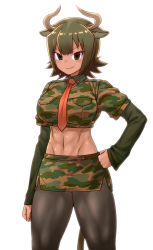 Rule 34 | &gt;:), 10s, 1girl, abs, absurdres, animal ears, arm at side, aurochs (kemono friends), backlighting, black pantyhose, breasts, brown eyes, brown hair, camouflage, camouflage shirt, camouflage skirt, clenched hand, closed mouth, collared shirt, cow ears, cow girl, cow horns, cow tail, cowboy shot, dark-skinned female, dark skin, eyelashes, gradient hair, green hair, green shirt, green skirt, hand on own hip, highres, horns, itou yuuji, kemono friends, large breasts, layered clothes, legs apart, long sleeves, looking at viewer, midriff, multicolored hair, navel, necktie, orange necktie, pantyhose, shiny skin, shirt, short hair, short sleeves, side slit, simple background, skirt, smile, smirk, solo, standing, stomach, tail, thick thighs, thighs, toned, tsurime, v-shaped eyebrows, white background