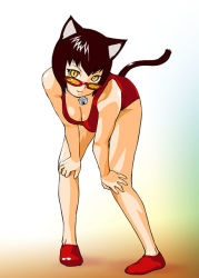 Rule 34 | 1girl, animal ears, bell, neck bell, breasts, cat ears, cat tail, cleavage, collar, glasses, large breasts, one-piece swimsuit, original, solo, swimsuit, tail, ueyama michirou, yellow eyes