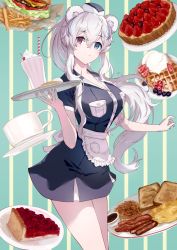 Rule 34 | 1girl, absurdres, animal ears, apron, aqua background, arknights, bacon, bear ears, blue dress, blue eyes, blue hair, blue headwear, blush, bread slice, breast pocket, breasts, burger, cake, cherry, cleavage, closed mouth, coffee mug, commentary request, cowboy shot, cream, cup, dress, ev (dai00888), food, french fries, frilled apron, frills, fruit, heterochromia, highres, holding, holding tray, ice cream, large breasts, long hair, looking at viewer, mug, multicolored hair, pink hair, pocket, ponytail, purple eyes, rosa (arknights), short dress, short sleeves, sidelocks, smile, solo, strawberry, streaked hair, striped, striped background, sundae, toast, tray, two-tone background, very long hair, waist apron, white apron