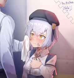 Rule 34 | 1boy, 1girl, absurdres, beret, blush, breasts, commander (girls&#039; frontline), commission, girls&#039; frontline, hat, height difference, highres, medium breasts, mixed-language commentary, short hair, silver hair, six12 (girls&#039; frontline), solo focus, solokitsune, wiping face, yellow eyes