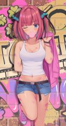 Rule 34 | 1girl, arms behind back, bare arms, bare legs, bare shoulders, belt, blue eyes, blue shorts, blunt bangs, bracelet, breasts, brick wall, blowing bubbles, cleavage, collarbone, crop top, denim, denim shorts, exposed pocket, go-toubun no hanayome, graffiti, groin, hair ornament, hand up, highres, holding, holding clothes, holding jacket, izumo neru, jacket, unworn jacket, jewelry, large breasts, leg up, looking at viewer, midriff, nakano nino, navel, one eye closed, paint splatter, pink hair, pink jacket, shirt, shoes, short hair, short shorts, shorts, sleeveless, sleeveless shirt, sneakers, solo, standing, standing on one leg, tank top, thighs, two side up, white shirt