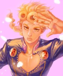 Rule 34 | 1boy, blonde hair, braid, bug, cleavage cutout, clothing cutout, giorno giovanna, hand up, homil22, insect, jojo no kimyou na bouken, ladybug, looking afar, male focus, solo, vento aureo, wing ornament