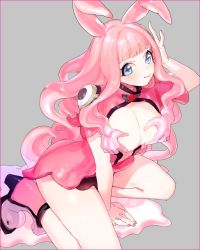 Rule 34 | 1girl, animal ears, blue eyes, grabbing another&#039;s breast, breasts, covering privates, covering breasts, full body, grabbing, grey background, homua, long hair, melona (queen&#039;s blade), melona (queen's blade), miniskirt, pink footwear, pink hair, pink shirt, pink skirt, prehensile hair, protean assassin melona, queen&#039;s blade, rabbit ears, revealing clothes, shirt, shoes, skirt, smile, solo, squatting