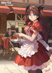 Rule 34 | 1girl, bianyuanqishi, blue eyes, brown hair, fate/stay night, fate (series), hair ribbon, highres, long hair, maid, pantyhose, ribbon, solo, thighhighs, tohsaka rin, two side up, waitress