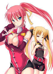 Rule 34 | 00s, 2girls, age difference, blonde hair, blouse, breast envy, breasts, cleavage, fate testarossa, fate testarossa (sonic form), grabbing own breast, hands on breasts, large breasts, lyrical nanoha, mahou shoujo lyrical nanoha, mahou shoujo lyrical nanoha a&#039;s, multiple girls, open clothes, open shirt, shirt, signum, skin tight, small breasts, soba (saz), yukizuki chikuba